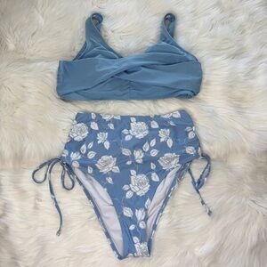 Blue with White Floral Print Bikini Set